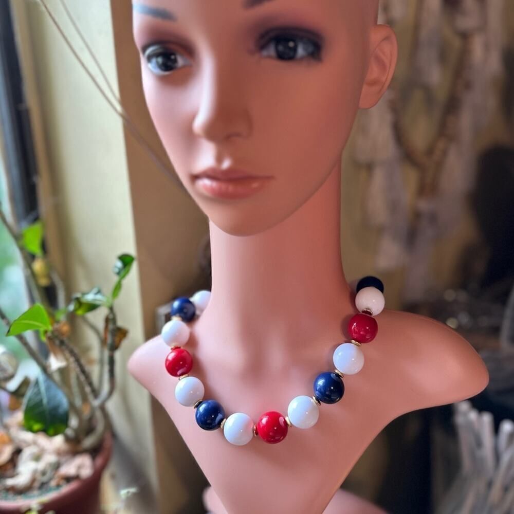 Vintage Signed Napier Rare Red White Blue Ball Necklace